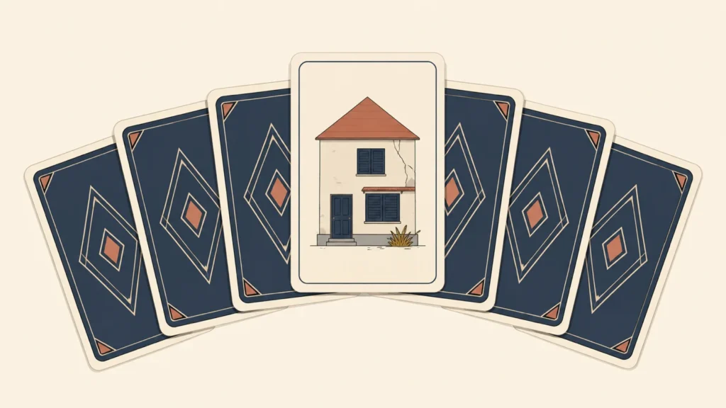 ババ抜きのカードの中に家のカードが1枚混ざっているイラスト