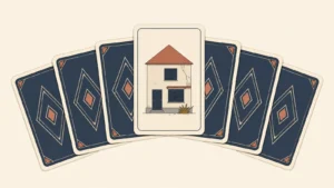 ババ抜きのカードの中に家のカードが1枚混ざっているイラスト