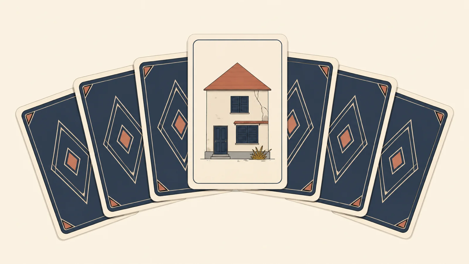 ババ抜きのカードの中に家のカードが1枚混ざっているイラスト