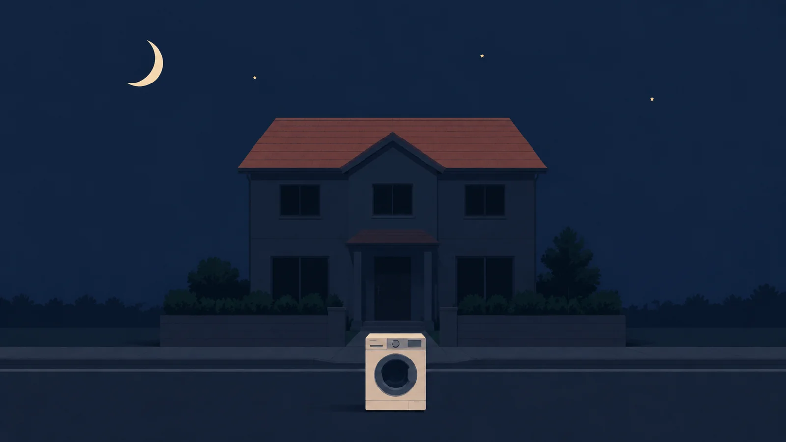 夜の家の前に洗濯機がひとつ置き去りにされているイラスト
