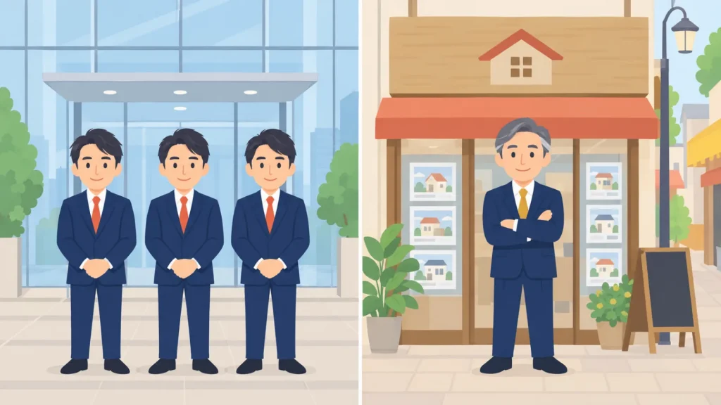 大手のオフィスビル前に並ぶ営業3人と、地元の小さな不動産店の前に立つ社長の対比